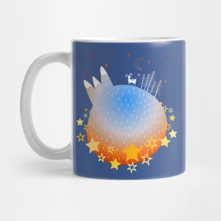 "Home Planet" in orange, blue, and white with a ring of yellow stars - a whimsical world Mug